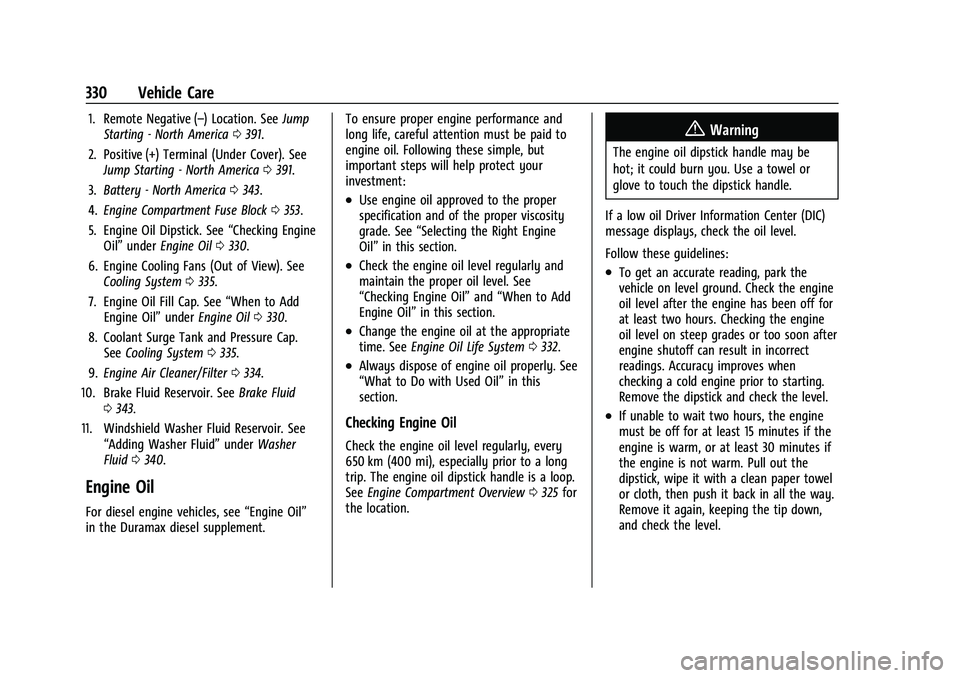 GMC SIERRA 2021 Owners Guide GMC Sierra/Sierra Denali 1500 Owner Manual (GMNA-Localizing-U.S./
Canada/Mexico-14632426) - 2021 - CRC - 11/5/20
330 Vehicle Care
1. Remote Negative (–) Location. SeeJump
Starting - North America 03 GMC SIERRA 2021 Owners Guide GMC Sierra/Sierra Denali 1500 Owner Manual (GMNA-Localizing-U.S./
Canada/Mexico-14632426) - 2021 - CRC - 11/5/20
330 Vehicle Care
1. Remote Negative (–) Location. SeeJump
Starting - North America 03