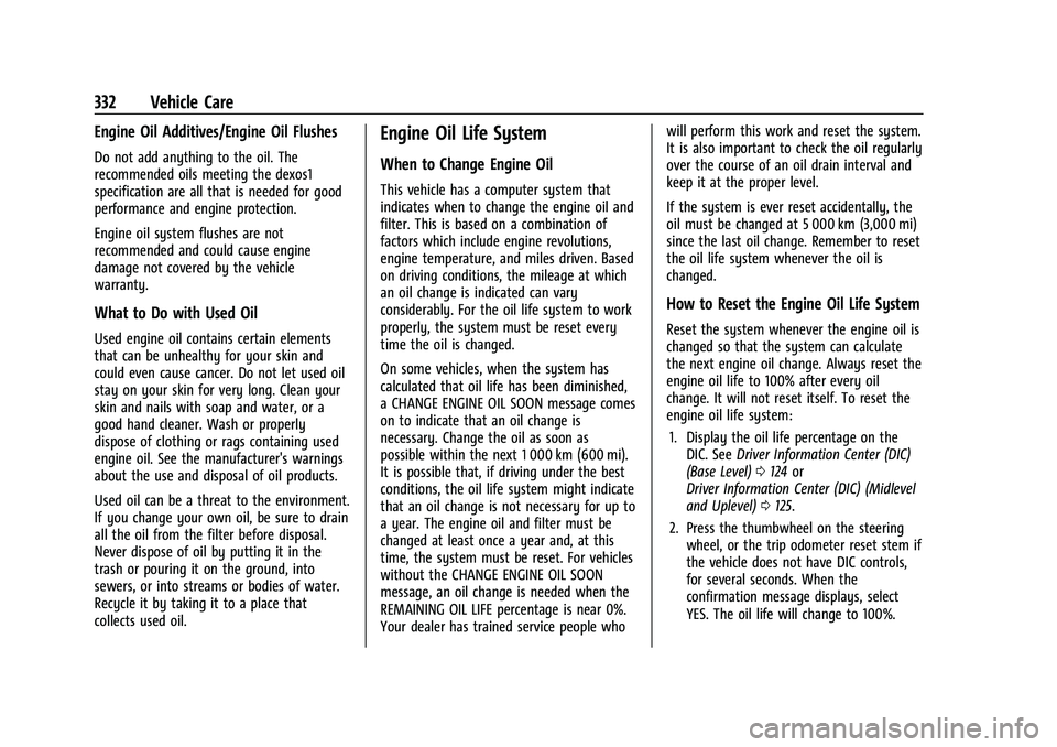 GMC SIERRA 2021 Owners Guide GMC Sierra/Sierra Denali 1500 Owner Manual (GMNA-Localizing-U.S./
Canada/Mexico-14632426) - 2021 - CRC - 11/5/20
332 Vehicle Care
Engine Oil Additives/Engine Oil Flushes
Do not add anything to the oil