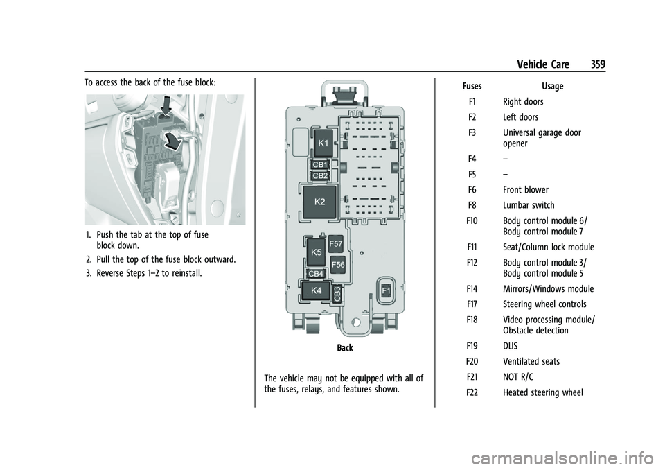 GMC SIERRA 2021 Owners Manual GMC Sierra/Sierra Denali 1500 Owner Manual (GMNA-Localizing-U.S./
Canada/Mexico-14632426) - 2021 - CRC - 11/5/20
Vehicle Care 359
To access the back of the fuse block:
1. Push the tab at the top of fu GMC SIERRA 2021 Owners Manual GMC Sierra/Sierra Denali 1500 Owner Manual (GMNA-Localizing-U.S./
Canada/Mexico-14632426) - 2021 - CRC - 11/5/20
Vehicle Care 359
To access the back of the fuse block:
1. Push the tab at the top of fu