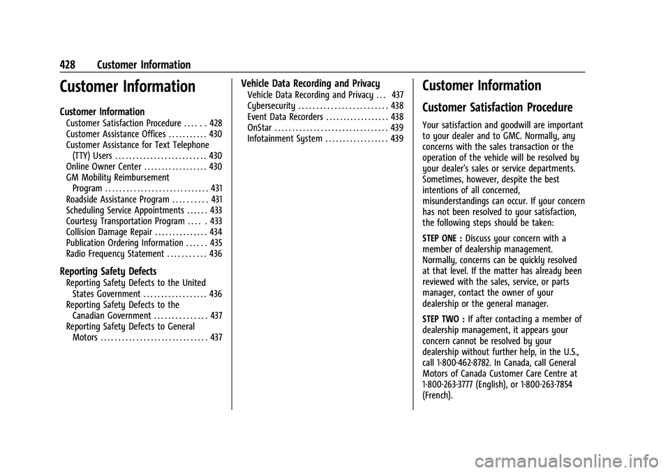 GMC SIERRA 2021 Service Manual GMC Sierra/Sierra Denali 1500 Owner Manual (GMNA-Localizing-U.S./
Canada/Mexico-14632426) - 2021 - CRC - 11/5/20
428 Customer Information
Customer Information
Customer Information
Customer Satisfactio