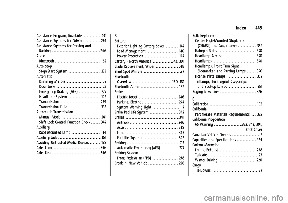 GMC SIERRA 2021  Owners Manual GMC Sierra/Sierra Denali 1500 Owner Manual (GMNA-Localizing-U.S./Cana-
da/Mexico-14632426) - 2021 - CRC - 11/5/20
Index 449
Assistance Program, Roadside . . . . . . . . . . . . .431
Assistance Systems