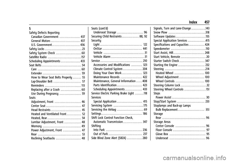 GMC SIERRA 2021  Owners Manual GMC Sierra/Sierra Denali 1500 Owner Manual (GMNA-Localizing-U.S./Cana-
da/Mexico-14632426) - 2021 - CRC - 11/5/20
Index 457
S
Safety Defects ReportingCanadian Government . . . . . . . . . . . . . . . 