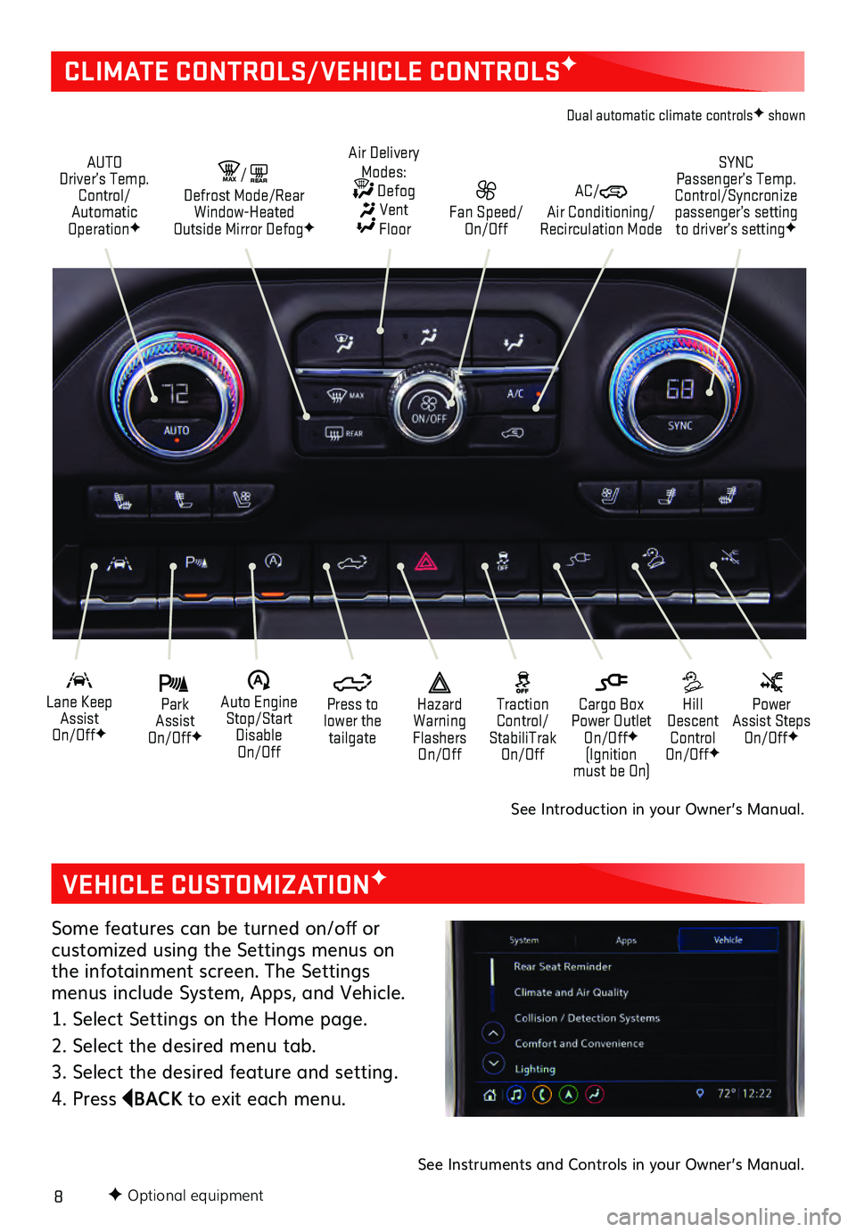 GMC SIERRA 2021  Get To Know Guide 8F Optional equipment
VEHICLE CUSTOMIZATIONF
Some features can be turned on/off or  cus tomized using the Settings menus on the infotainment screen. The Settings 
menus include System, Apps, and Vehic