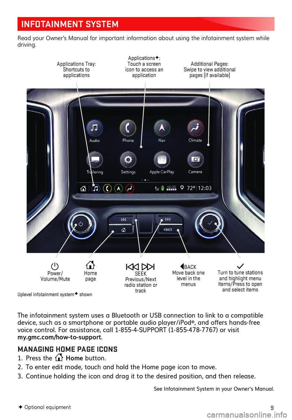 GMC SIERRA 2021  Get To Know Guide 9
INFOTAINMENT SYSTEM
The infotainment system uses a Bluetooth or USB connection to link to a compatible 
device, such as a smartphone or portable audio player/iPod®, and offers hands-free 
voice con