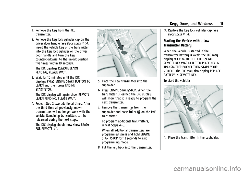 GMC TERRAIN 2021  Owners Manual GMC Terrain/Terrain Denali Owner Manual(GMNA-Localizing-U.S./Canada/
Mexico-14420055) - 2021 - CRC - 11/13/20
Keys, Doors, and Windows 11
1. Remove the key from the RKEtransmitter.
2. Remove the key l