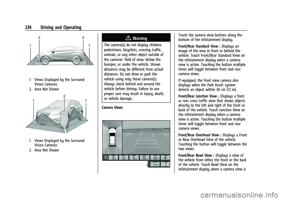GMC TERRAIN 2021 Owners Manual GMC Terrain/Terrain Denali Owner Manual(GMNA-Localizing-U.S./Canada/
Mexico-14420055) - 2021 - CRC - 11/13/20
234 Driving and Operating
1. Views Displayed by the SurroundVision Cameras
2. Area Not Sho GMC TERRAIN 2021 Owners Manual GMC Terrain/Terrain Denali Owner Manual(GMNA-Localizing-U.S./Canada/
Mexico-14420055) - 2021 - CRC - 11/13/20
234 Driving and Operating
1. Views Displayed by the SurroundVision Cameras
2. Area Not Sho