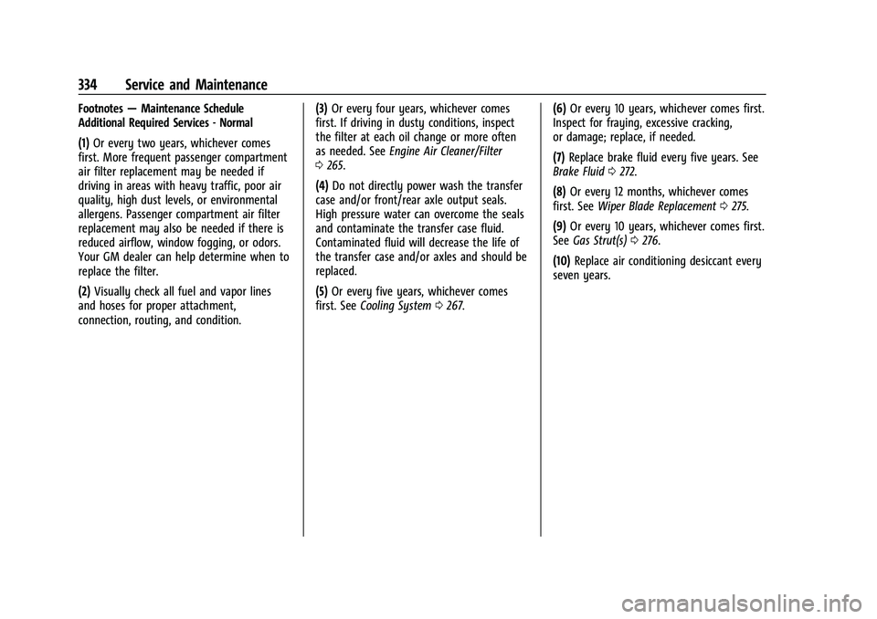 GMC TERRAIN 2021 User Guide GMC Terrain/Terrain Denali Owner Manual(GMNA-Localizing-U.S./Canada/
Mexico-14420055) - 2021 - CRC - 11/13/20
334 Service and Maintenance
Footnotes—Maintenance Schedule
Additional Required Services 