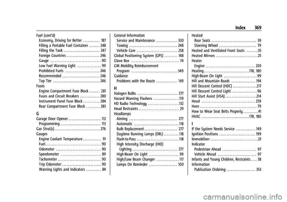 GMC TERRAIN 2021  Owners Manual GMC Terrain/Terrain Denali Owner Manual(GMNA-Localizing-U.S./Canada/-
Mexico-14420055) - 2021 - CRC - 11/13/20
Index 369
Fuel (cont'd)Economy, Driving for Better . . . . . . . . . . . 187
Filling 