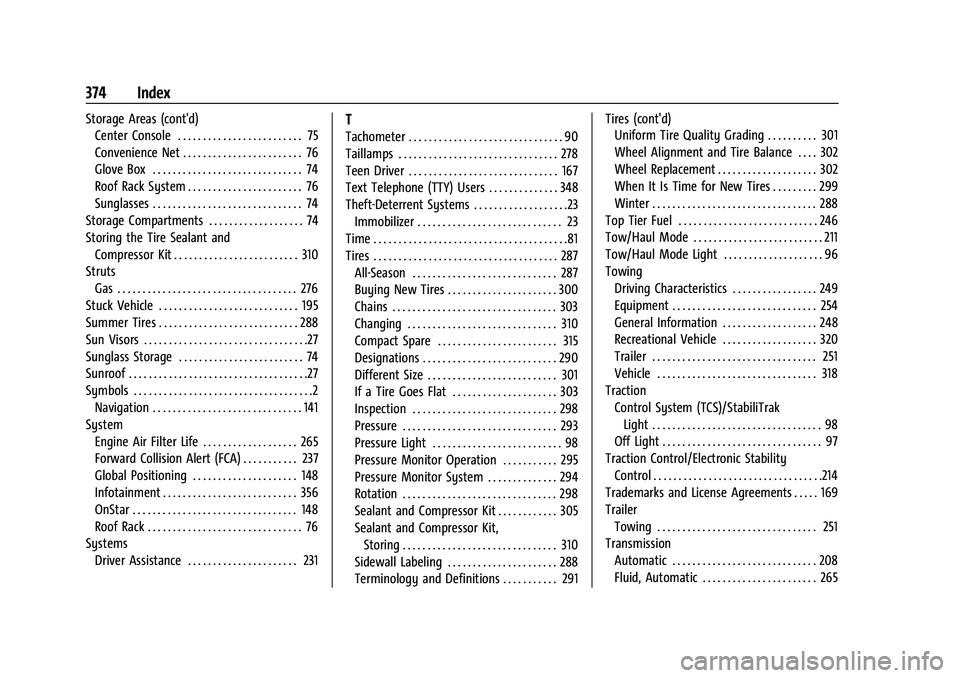 GMC TERRAIN 2021  Owners Manual GMC Terrain/Terrain Denali Owner Manual(GMNA-Localizing-U.S./Canada/-
Mexico-14420055) - 2021 - CRC - 11/13/20
374 Index
Storage Areas (cont'd)Center Console . . . . . . . . . . . . . . . . . . . 