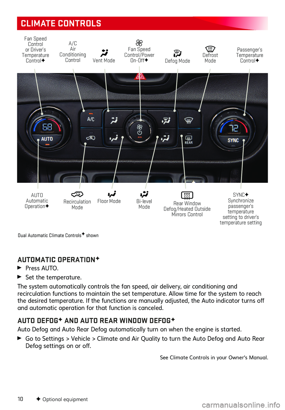 GMC TERRAIN 2021  Get To Know Guide 10
CLIMATE CONTROLS
F Optional equipment
Fan Speed Control or Driver’s Temperature ControlF
A/C Air Conditioning Control   Vent Mode
 Fan Speed Control/Power On-OffF
AUTO  Automatic OperationF
  Rec