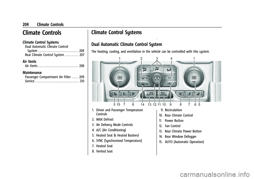 GMC YUKON 2021 User Guide GMC Yukon/Yukon XL/Denali Owner Manual (GMNA-Localizing-U.S./
Canada/Mexico-13690468) - 2021 - crc - 8/14/20
204 Climate Controls
Climate Controls
Climate Control Systems
Dual Automatic Climate Contro GMC YUKON 2021 User Guide GMC Yukon/Yukon XL/Denali Owner Manual (GMNA-Localizing-U.S./
Canada/Mexico-13690468) - 2021 - crc - 8/14/20
204 Climate Controls
Climate Controls
Climate Control Systems
Dual Automatic Climate Contro