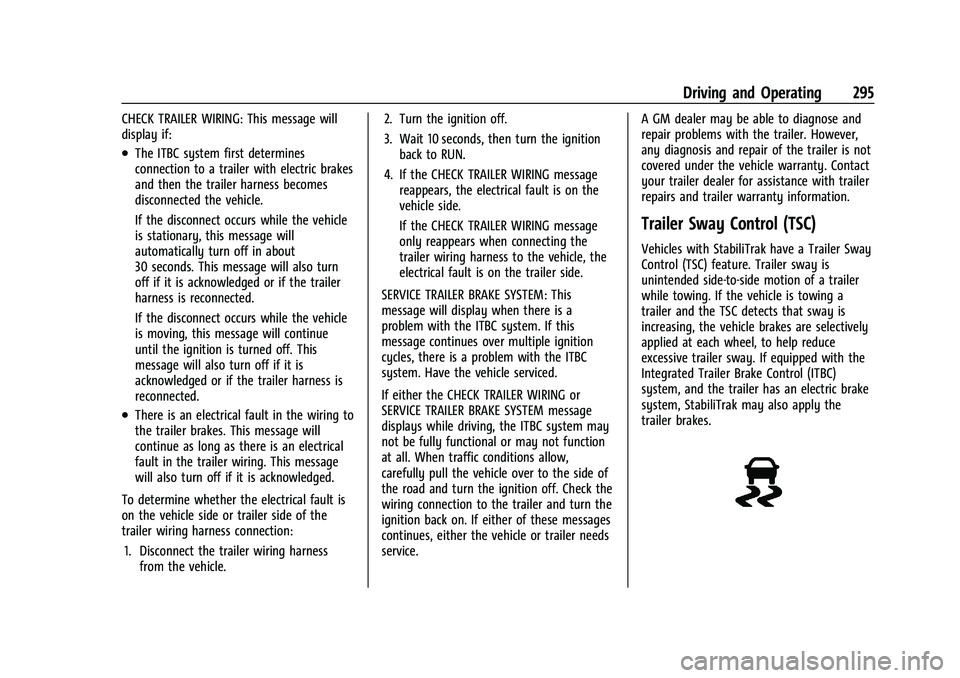 GMC YUKON 2021 Owners Manual GMC Yukon/Yukon XL/Denali Owner Manual (GMNA-Localizing-U.S./
Canada/Mexico-13690468) - 2021 - crc - 8/14/20
Driving and Operating 295
CHECK TRAILER WIRING: This message will
display if:
.The ITBC sys GMC YUKON 2021 Owners Manual GMC Yukon/Yukon XL/Denali Owner Manual (GMNA-Localizing-U.S./
Canada/Mexico-13690468) - 2021 - crc - 8/14/20
Driving and Operating 295
CHECK TRAILER WIRING: This message will
display if:
.The ITBC sys