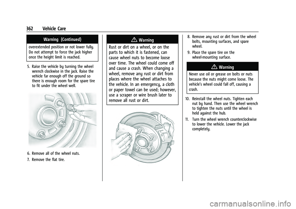 GMC YUKON 2021 User Guide GMC Yukon/Yukon XL/Denali Owner Manual (GMNA-Localizing-U.S./
Canada/Mexico-13690468) - 2021 - crc - 8/14/20
362 Vehicle Care
Warning (Continued)
overextended position or not lower fully.
Do not attem