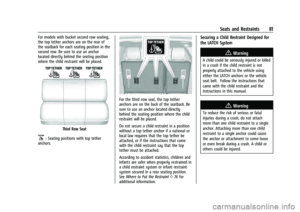 GMC YUKON 2021 Owners Manual GMC Yukon/Yukon XL/Denali Owner Manual (GMNA-Localizing-U.S./
Canada/Mexico-13690468) - 2021 - crc - 8/14/20
Seats and Restraints 81
For models with bucket second row seating,
the top tether anchors a GMC YUKON 2021 Owners Manual GMC Yukon/Yukon XL/Denali Owner Manual (GMNA-Localizing-U.S./
Canada/Mexico-13690468) - 2021 - crc - 8/14/20
Seats and Restraints 81
For models with bucket second row seating,
the top tether anchors a