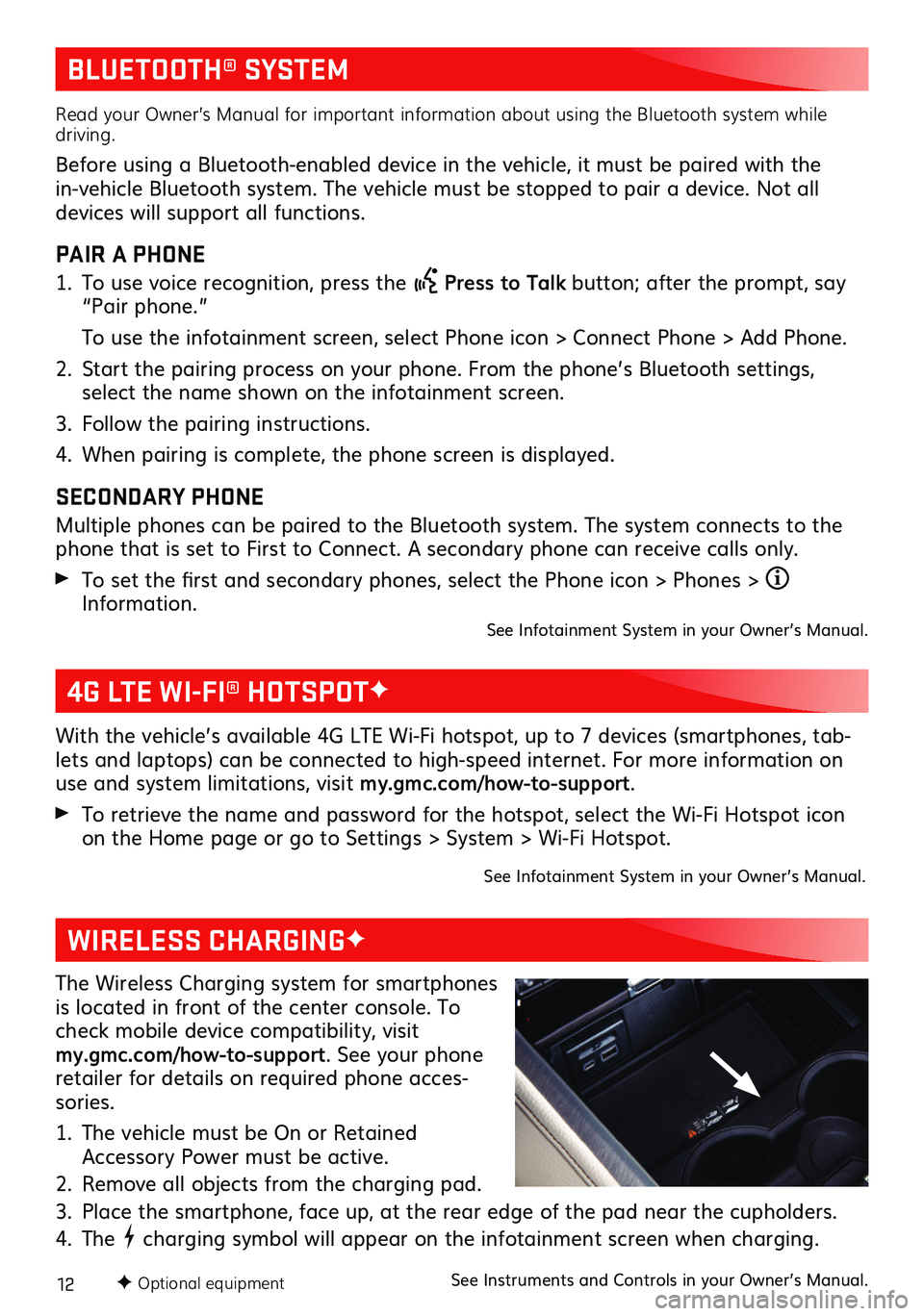 GMC YUKON 2021  Get To Know Guide 12
BLUETOOTH® SYSTEM
Read your Owner’s Manual for important information about using the Bluetooth system while driving.
Before using a Bluetooth-enabled device in the vehicle, it must be paired wit