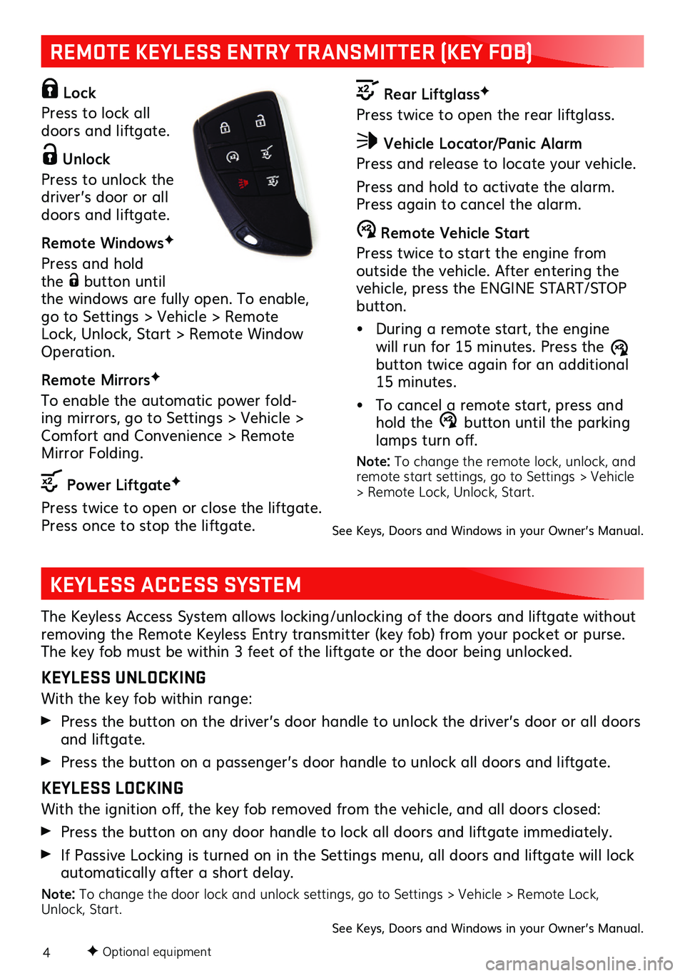 GMC YUKON 2021  Get To Know Guide 4
The Keyless Access System allows locking/unlocking of the doors and liftgate without removing the Remote Keyless Entry transmitter (key fob) from your pocket or purse. The key fob must be within 3 f