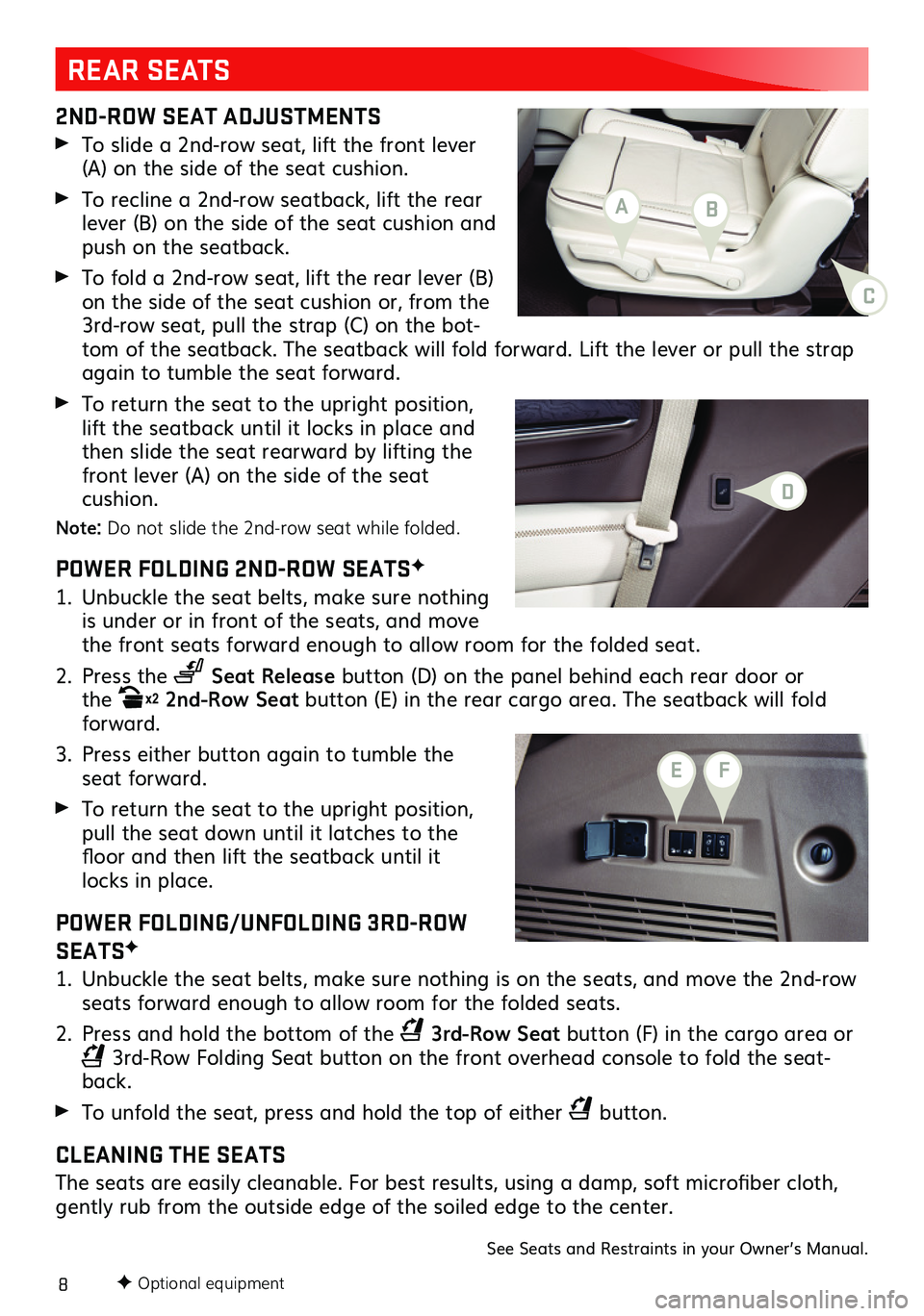 GMC YUKON 2021  Get To Know Guide 8
2ND-ROW SEAT ADJUSTMENTS
 To slide a 2nd-row seat, lift the front lever (A) on the side of the seat cushion.
 To recline a 2nd-row seatback, lift the rear lever (B) on the side of the seat cushion a