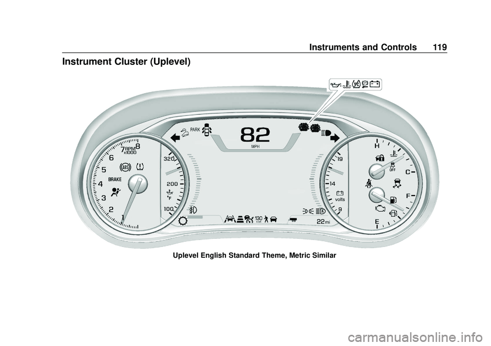 GMC ACADIA 2020 Owners Manual GMC Acadia/Acadia Denali Owner Manual (GMNA-Localizing-U.S./Canada/
Mexico-13687875) - 2020 - CRC - 10/28/19
Instruments and Controls 119
Instrument Cluster (Uplevel)
Uplevel English Standard Theme, M GMC ACADIA 2020 Owners Manual GMC Acadia/Acadia Denali Owner Manual (GMNA-Localizing-U.S./Canada/
Mexico-13687875) - 2020 - CRC - 10/28/19
Instruments and Controls 119
Instrument Cluster (Uplevel)
Uplevel English Standard Theme, M