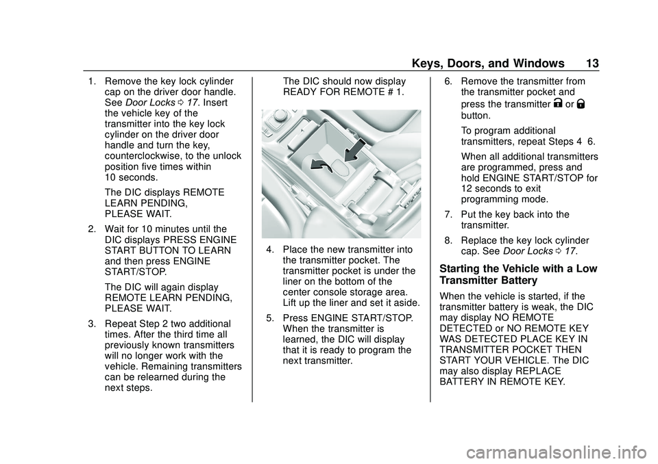 GMC ACADIA 2020  Owners Manual GMC Acadia/Acadia Denali Owner Manual (GMNA-Localizing-U.S./Canada/
Mexico-13687875) - 2020 - CRC - 10/28/19
Keys, Doors, and Windows 13
1. Remove the key lock cylindercap on the driver door handle.
S