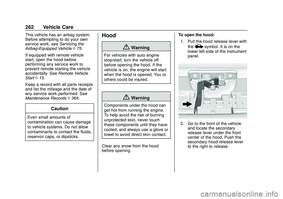 GMC ACADIA 2020  Owners Manual GMC Acadia/Acadia Denali Owner Manual (GMNA-Localizing-U.S./Canada/
Mexico-13687875) - 2020 - CRC - 10/28/19
262 Vehicle Care
This vehicle has an airbag system.
Before attempting to do your own
servic