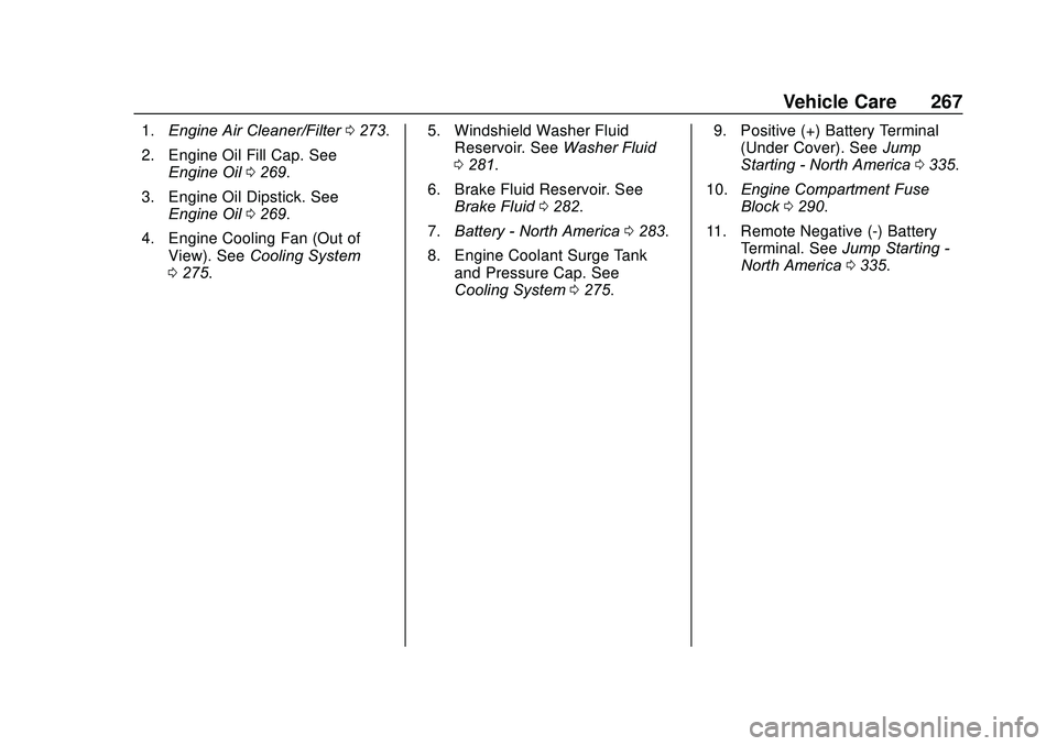 GMC ACADIA 2020  Owners Manual GMC Acadia/Acadia Denali Owner Manual (GMNA-Localizing-U.S./Canada/
Mexico-13687875) - 2020 - CRC - 10/28/19
Vehicle Care 267
1.Engine Air Cleaner/Filter 0273.
2. Engine Oil Fill Cap. See Engine Oil 0