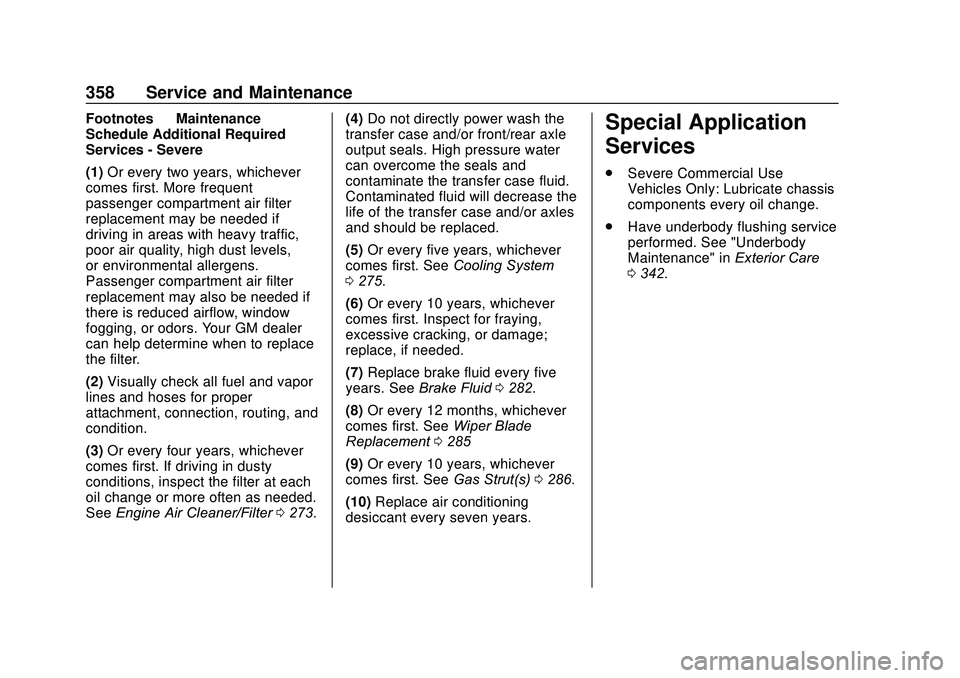 GMC ACADIA 2020  Owners Manual GMC Acadia/Acadia Denali Owner Manual (GMNA-Localizing-U.S./Canada/
Mexico-13687875) - 2020 - CRC - 10/28/19
358 Service and Maintenance
Footnotes—Maintenance
Schedule Additional Required
Services -