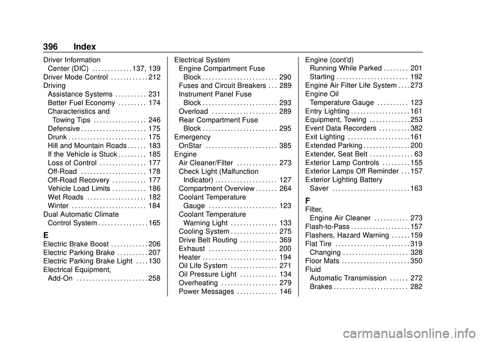 GMC ACADIA 2020  Owners Manual GMC Acadia/Acadia Denali Owner Manual (GMNA-Localizing-U.S./Canada/-
Mexico-13687875) - 2020 - CRC - 10/28/19
396 Index
Driver InformationCenter (DIC) . . . . . . . . . . . . . 137, 139
Driver Mode Co