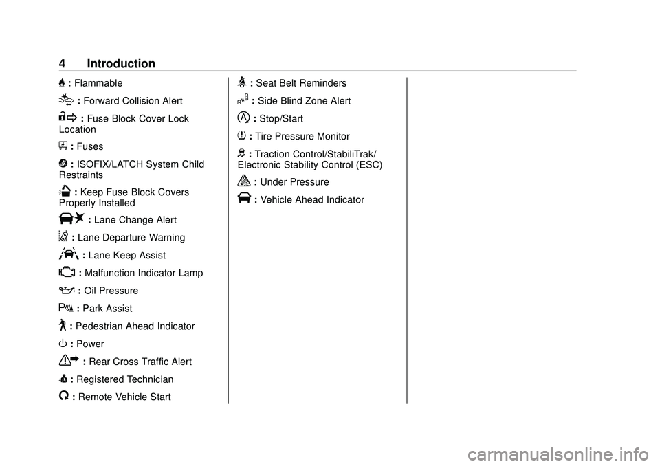 GMC ACADIA 2020  Owners Manual GMC Acadia/Acadia Denali Owner Manual (GMNA-Localizing-U.S./Canada/
Mexico-13687875) - 2020 - CRC - 10/28/19
4 Introduction
H:Flammable
[:Forward Collision Alert
R:Fuse Block Cover Lock
Location
+: Fu