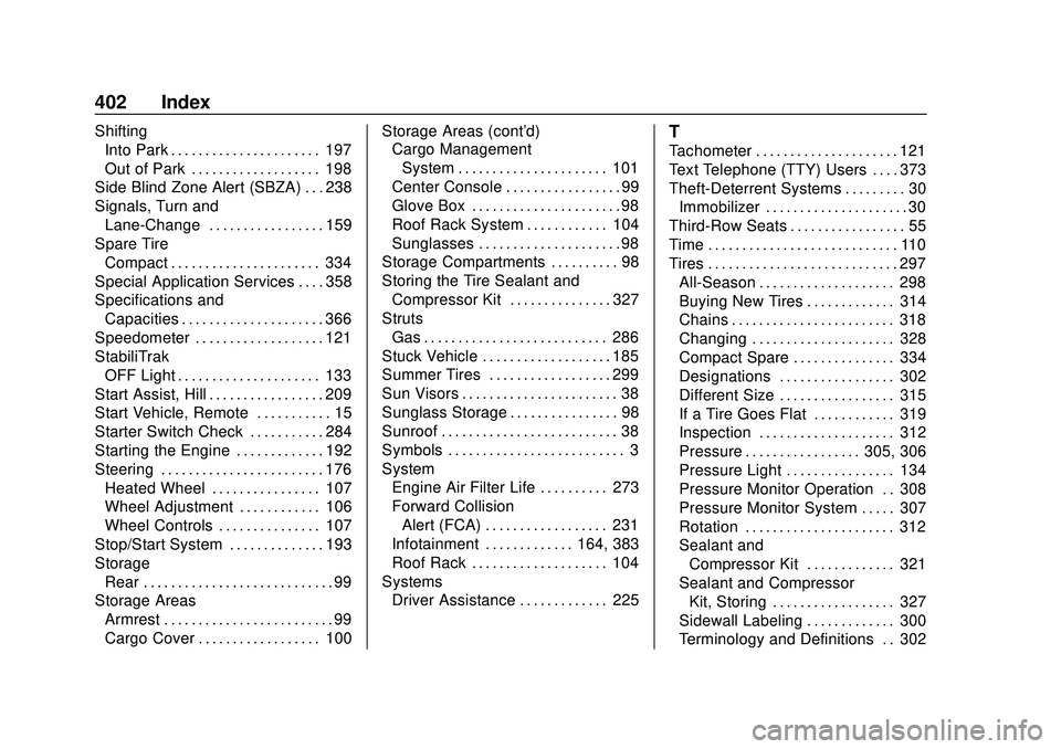 GMC ACADIA 2020  Owners Manual GMC Acadia/Acadia Denali Owner Manual (GMNA-Localizing-U.S./Canada/-
Mexico-13687875) - 2020 - CRC - 10/28/19
402 Index
ShiftingInto Park . . . . . . . . . . . . . . . . . . . . . . 197
Out of Park . 