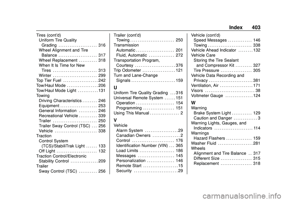 GMC ACADIA 2020  Owners Manual GMC Acadia/Acadia Denali Owner Manual (GMNA-Localizing-U.S./Canada/-
Mexico-13687875) - 2020 - CRC - 10/28/19
Index 403
Tires (cont'd)Uniform Tire Quality
Grading . . . . . . . . . . . . . . . . .