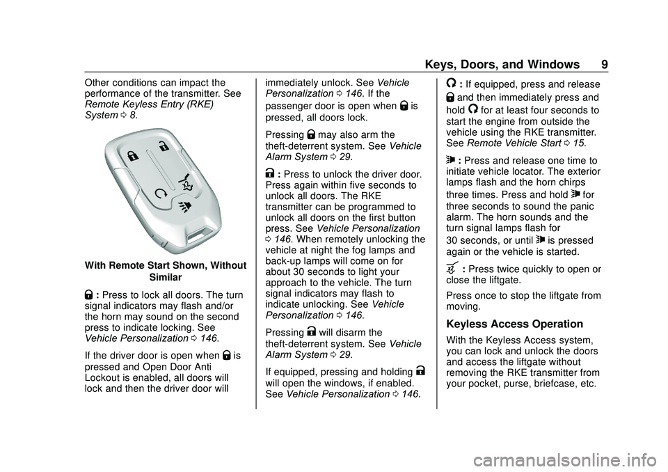 GMC ACADIA 2020 Owners Manual GMC Acadia/Acadia Denali Owner Manual (GMNA-Localizing-U.S./Canada/
Mexico-13687875) - 2020 - CRC - 10/28/19
Keys, Doors, and Windows 9
Other conditions can impact the
performance of the transmitter. GMC ACADIA 2020 Owners Manual GMC Acadia/Acadia Denali Owner Manual (GMNA-Localizing-U.S./Canada/
Mexico-13687875) - 2020 - CRC - 10/28/19
Keys, Doors, and Windows 9
Other conditions can impact the
performance of the transmitter.