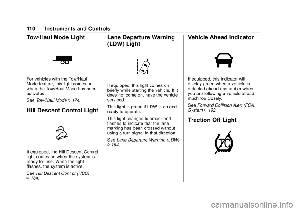 GMC CANYON 2020 Owners Manual GMC Canyon/Canyon Denali Owner Manual (GMNA-Localizing-U.S./Canada-
13566643) - 2020 - CRC - 10/4/19
110 Instruments and Controls
Tow/Haul Mode Light
For vehicles with the Tow/Haul
Mode feature, this GMC CANYON 2020 Owners Manual GMC Canyon/Canyon Denali Owner Manual (GMNA-Localizing-U.S./Canada-
13566643) - 2020 - CRC - 10/4/19
110 Instruments and Controls
Tow/Haul Mode Light
For vehicles with the Tow/Haul
Mode feature, this
