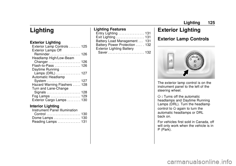 GMC CANYON 2020 Owners Manual GMC Canyon/Canyon Denali Owner Manual (GMNA-Localizing-U.S./Canada-
13566643) - 2020 - CRC - 10/4/19
Lighting 125
Lighting
Exterior Lighting
Exterior Lamp Controls . . . . . . . 125
Exterior Lamps Off GMC CANYON 2020 Owners Manual GMC Canyon/Canyon Denali Owner Manual (GMNA-Localizing-U.S./Canada-
13566643) - 2020 - CRC - 10/4/19
Lighting 125
Lighting
Exterior Lighting
Exterior Lamp Controls . . . . . . . 125
Exterior Lamps Off
