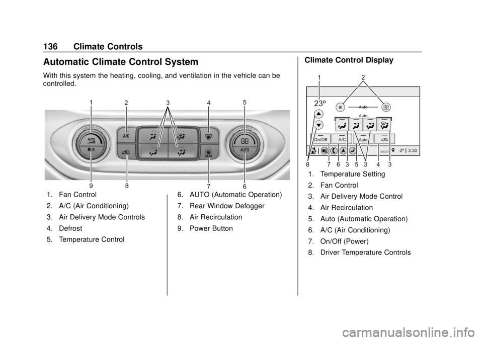 GMC CANYON 2020 Owners Guide GMC Canyon/Canyon Denali Owner Manual (GMNA-Localizing-U.S./Canada-
13566643) - 2020 - CRC - 10/4/19
136 Climate Controls
Automatic Climate Control System
With this system the heating, cooling, and ve GMC CANYON 2020 Owners Guide GMC Canyon/Canyon Denali Owner Manual (GMNA-Localizing-U.S./Canada-
13566643) - 2020 - CRC - 10/4/19
136 Climate Controls
Automatic Climate Control System
With this system the heating, cooling, and ve