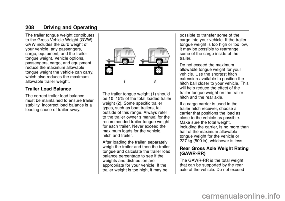 GMC CANYON 2020 Owners Manual GMC Canyon/Canyon Denali Owner Manual (GMNA-Localizing-U.S./Canada-
13566643) - 2020 - CRC - 10/4/19
208 Driving and Operating
The trailer tongue weight contributes
to the Gross Vehicle Weight (GVW).
GMC CANYON 2020 Owners Manual GMC Canyon/Canyon Denali Owner Manual (GMNA-Localizing-U.S./Canada-
13566643) - 2020 - CRC - 10/4/19
208 Driving and Operating
The trailer tongue weight contributes
to the Gross Vehicle Weight (GVW).