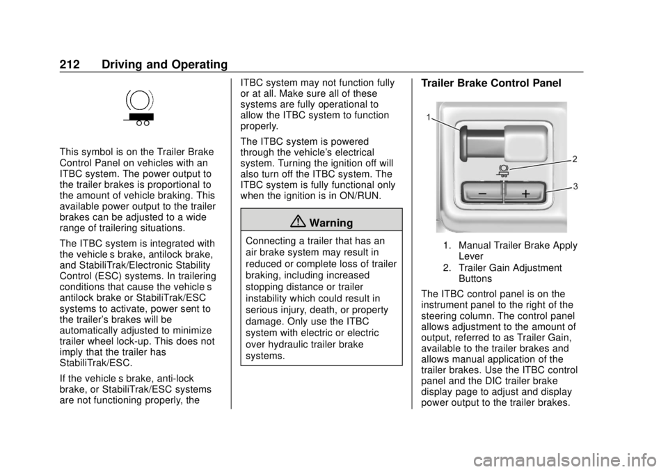 GMC CANYON 2020 Service Manual GMC Canyon/Canyon Denali Owner Manual (GMNA-Localizing-U.S./Canada-
13566643) - 2020 - CRC - 10/4/19
212 Driving and Operating
This symbol is on the Trailer Brake
Control Panel on vehicles with an
ITB GMC CANYON 2020 Service Manual GMC Canyon/Canyon Denali Owner Manual (GMNA-Localizing-U.S./Canada-
13566643) - 2020 - CRC - 10/4/19
212 Driving and Operating
This symbol is on the Trailer Brake
Control Panel on vehicles with an
ITB