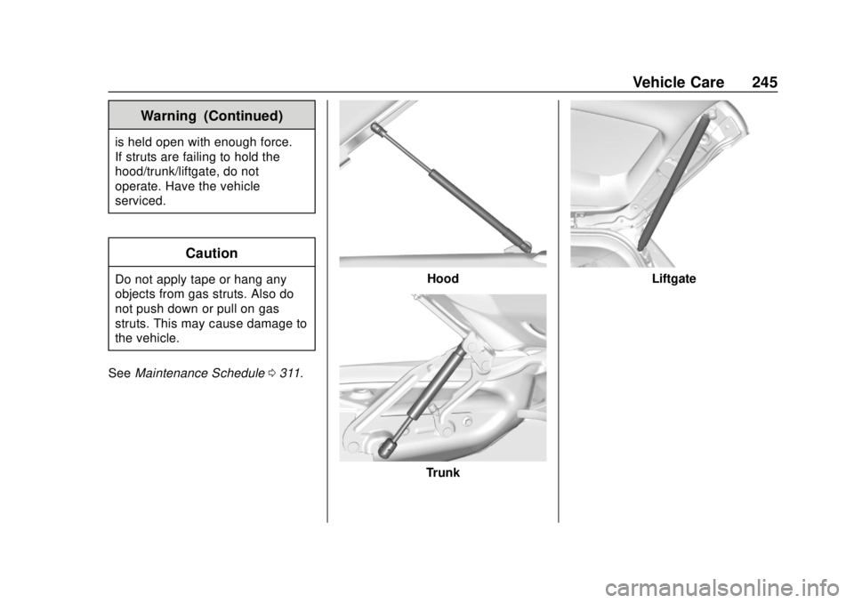 GMC CANYON 2020  Owners Manual GMC Canyon/Canyon Denali Owner Manual (GMNA-Localizing-U.S./Canada-
13566643) - 2020 - CRC - 10/4/19
Vehicle Care 245
Warning (Continued)
is held open with enough force.
If struts are failing to hold 