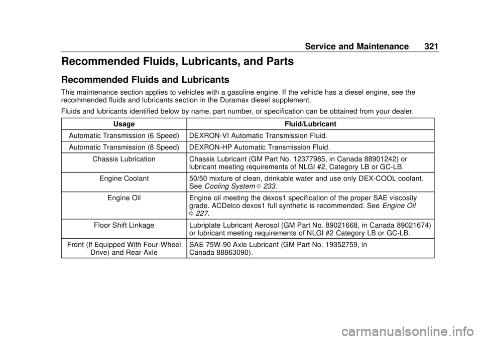 GMC CANYON 2020  Owners Manual GMC Canyon/Canyon Denali Owner Manual (GMNA-Localizing-U.S./Canada-
13566643) - 2020 - CRC - 10/4/19
Service and Maintenance 321
Recommended Fluids, Lubricants, and Parts
Recommended Fluids and Lubric