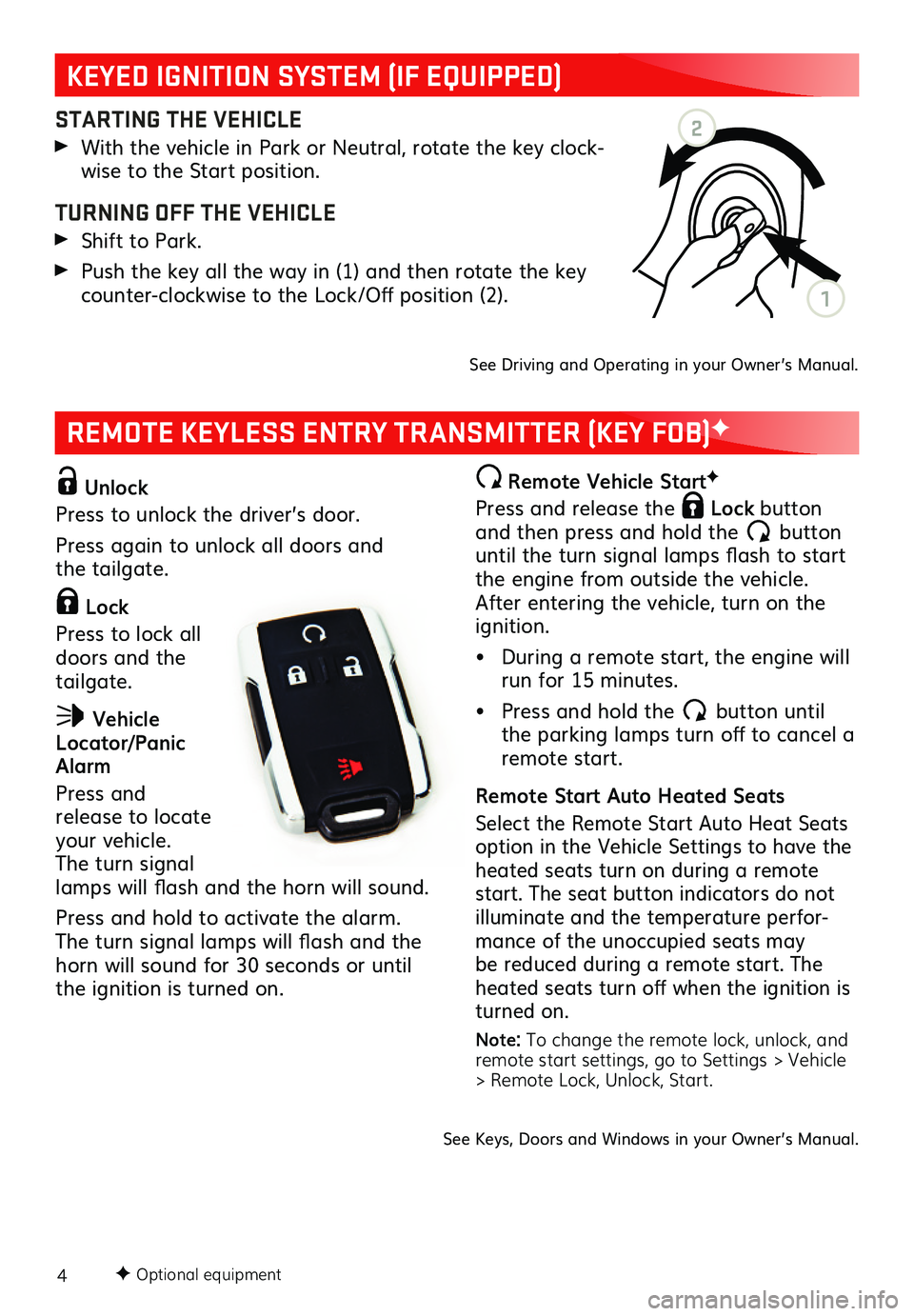 GMC CANYON 2020  Get To Know Guide 4
REMOTE KEYLESS ENTRY TRANSMITTER (KEY FOB)F
F Optional equipment
 Unlock
Press to unlock the driver’s door. 
Press again to unlock all doors and  the tailgate.
 Lock 
Press to lock all doors and t