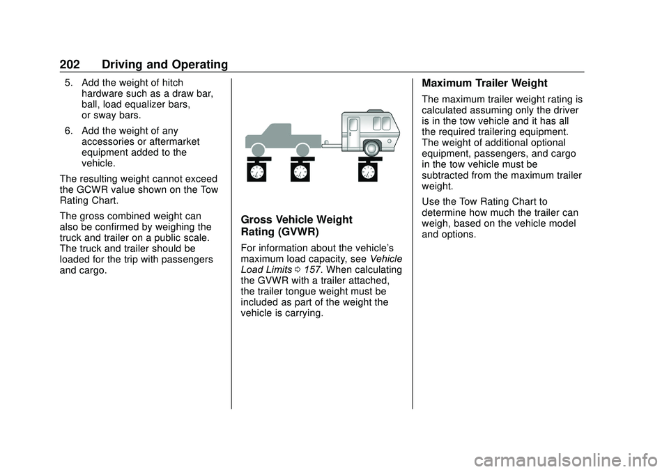 GMC SAVANA 2020  Owners Manual GMC Savana Owner Manual (GMNA-Localizing-U.S./Canada-13882574) -
2020 - CRC - 11/1/19
202 Driving and Operating
5. Add the weight of hitchhardware such as a draw bar,
ball, load equalizer bars,
or swa