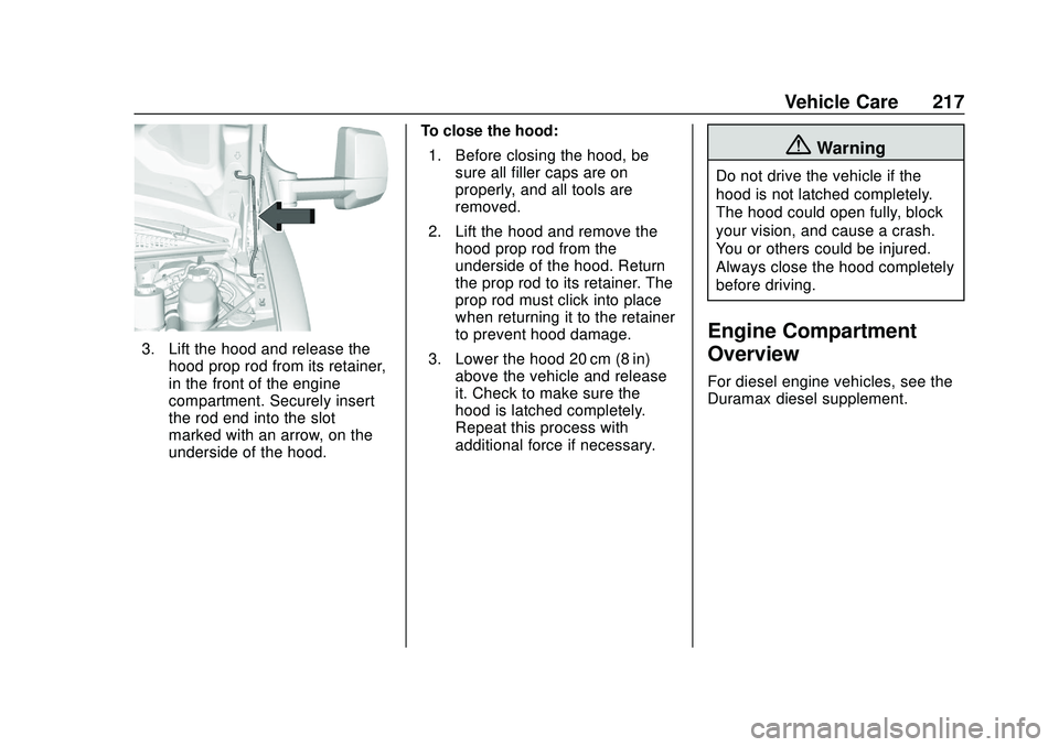 GMC SAVANA 2020 Owners Guide GMC Savana Owner Manual (GMNA-Localizing-U.S./Canada-13882574) -
2020 - CRC - 11/1/19
Vehicle Care 217
3. Lift the hood and release thehood prop rod from its retainer,
in the front of the engine
compa GMC SAVANA 2020 Owners Guide GMC Savana Owner Manual (GMNA-Localizing-U.S./Canada-13882574) -
2020 - CRC - 11/1/19
Vehicle Care 217
3. Lift the hood and release thehood prop rod from its retainer,
in the front of the engine
compa