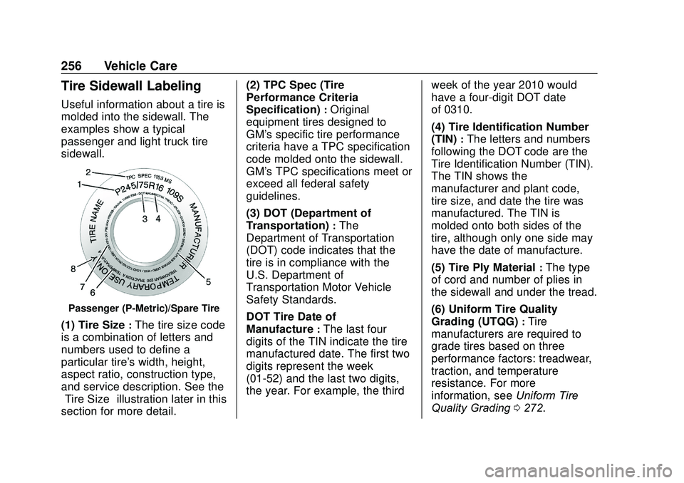 GMC SAVANA 2020 Owners Manual GMC Savana Owner Manual (GMNA-Localizing-U.S./Canada-13882574) -
2020 - CRC - 11/1/19
256 Vehicle Care
Tire Sidewall Labeling
Useful information about a tire is
molded into the sidewall. The
examples GMC SAVANA 2020 Owners Manual GMC Savana Owner Manual (GMNA-Localizing-U.S./Canada-13882574) -
2020 - CRC - 11/1/19
256 Vehicle Care
Tire Sidewall Labeling
Useful information about a tire is
molded into the sidewall. The
examples