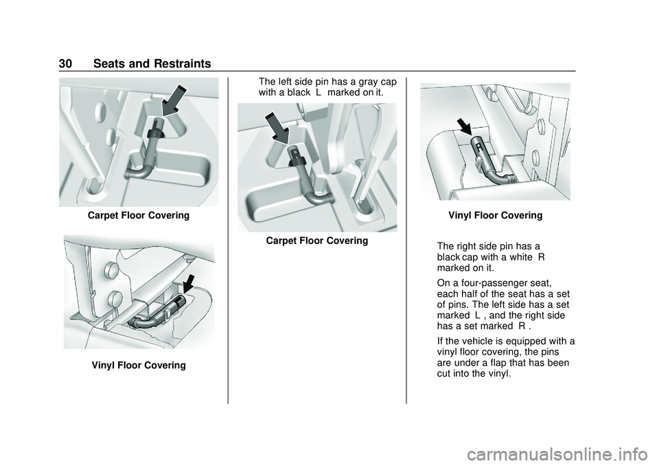 GMC SAVANA 2020  Owners Manual GMC Savana Owner Manual (GMNA-Localizing-U.S./Canada-13882574) -
2020 - CRC - 11/1/19
30 Seats and Restraints
Carpet Floor Covering
Vinyl Floor CoveringThe left side pin has a gray cap
with a black
�