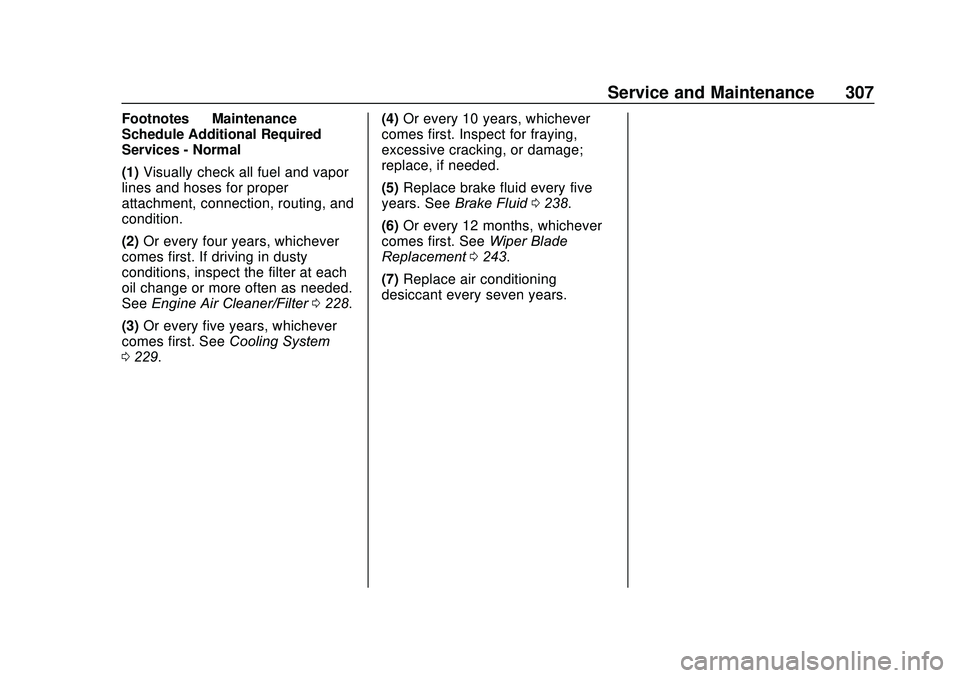 GMC SAVANA 2020 Service Manual GMC Savana Owner Manual (GMNA-Localizing-U.S./Canada-13882574) -
2020 - CRC - 11/1/19
Service and Maintenance 307
Footnotes—Maintenance
Schedule Additional Required
Services - Normal
(1) Visually ch GMC SAVANA 2020 Service Manual GMC Savana Owner Manual (GMNA-Localizing-U.S./Canada-13882574) -
2020 - CRC - 11/1/19
Service and Maintenance 307
Footnotes—Maintenance
Schedule Additional Required
Services - Normal
(1) Visually ch