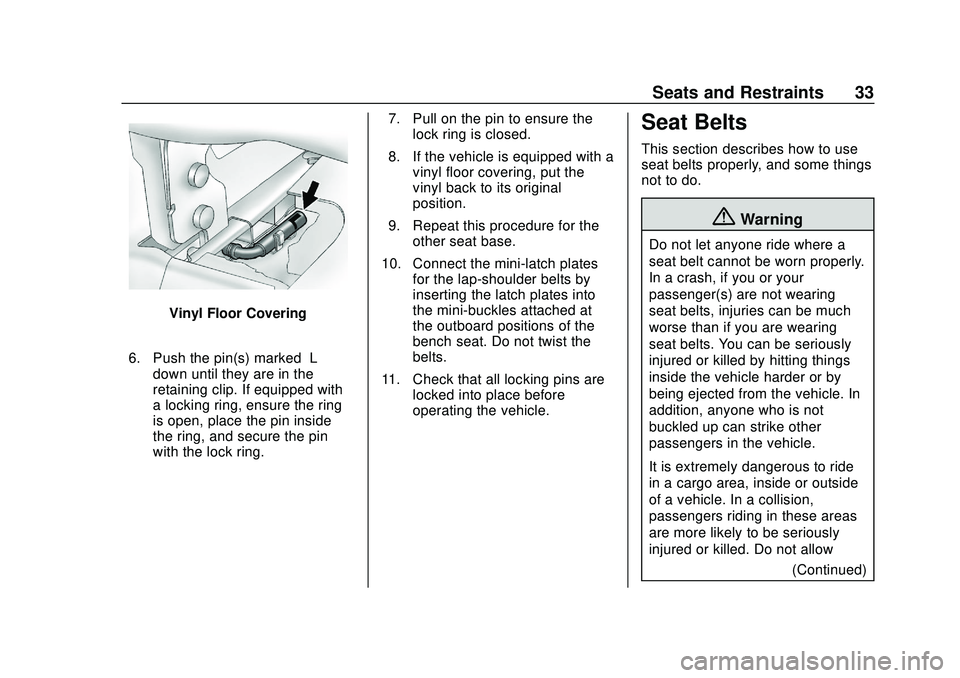 GMC SAVANA 2020 Owners Guide GMC Savana Owner Manual (GMNA-Localizing-U.S./Canada-13882574) -
2020 - CRC - 11/1/19
Seats and Restraints 33
Vinyl Floor Covering
6. Push the pin(s) marked “L”
down until they are in the
retainin