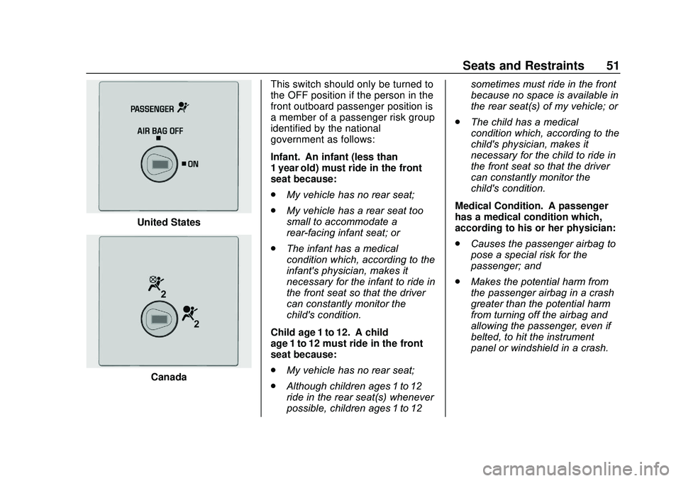 GMC SAVANA 2020  Owners Manual GMC Savana Owner Manual (GMNA-Localizing-U.S./Canada-13882574) -
2020 - CRC - 11/1/19
Seats and Restraints 51
United States
CanadaThis switch should only be turned to
the OFF position if the person in