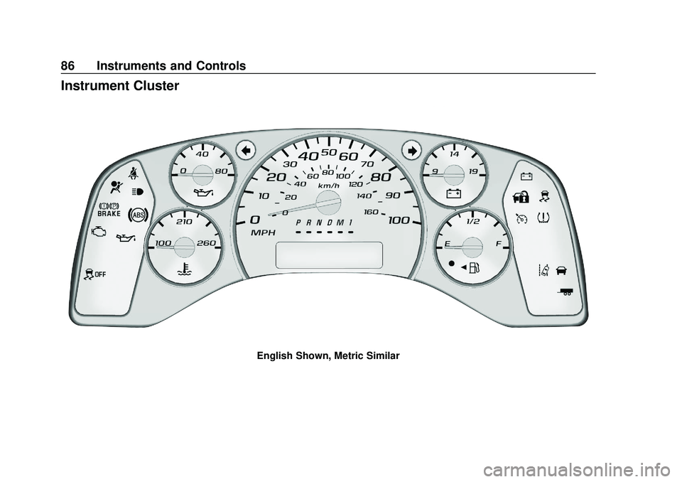 GMC SAVANA 2020 Manual Online GMC Savana Owner Manual (GMNA-Localizing-U.S./Canada-13882574) -
2020 - CRC - 11/1/19
86 Instruments and Controls
Instrument Cluster
English Shown, Metric Similar 