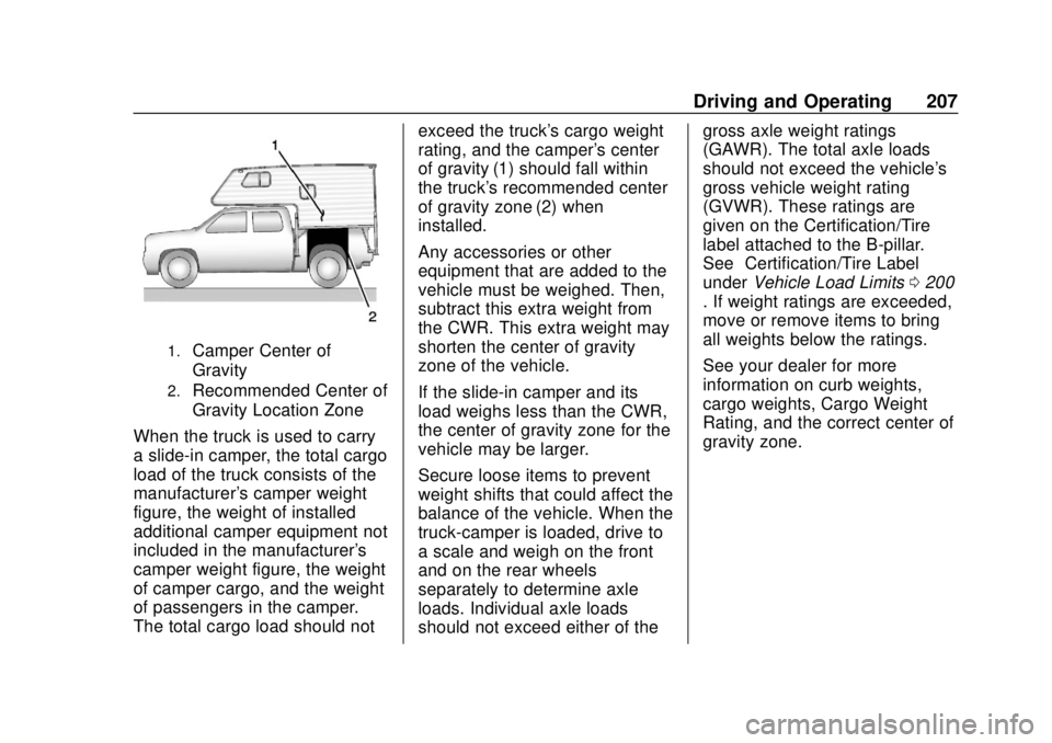 GMC SIERRA 2020 Owners Manual GMC Sierra/Sierra Denali Owner Manual (GMNA-Localizing-U.S./Canada/
Mexico-13337776) - 2020 - CRC - 4/4/19
Driving and Operating 207
1.Camper Center of
Gravity
2.Recommended Center of
Gravity Location GMC SIERRA 2020 Owners Manual GMC Sierra/Sierra Denali Owner Manual (GMNA-Localizing-U.S./Canada/
Mexico-13337776) - 2020 - CRC - 4/4/19
Driving and Operating 207
1.Camper Center of
Gravity
2.Recommended Center of
Gravity Location