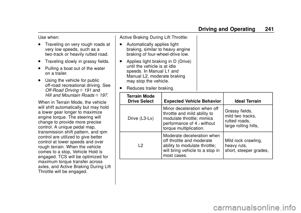 GMC SIERRA 2020 Owners Manual GMC Sierra/Sierra Denali Owner Manual (GMNA-Localizing-U.S./Canada/
Mexico-13337776) - 2020 - CRC - 4/4/19
Driving and Operating 241
Use when:
.Traveling on very rough roads at
very low speeds, such a GMC SIERRA 2020 Owners Manual GMC Sierra/Sierra Denali Owner Manual (GMNA-Localizing-U.S./Canada/
Mexico-13337776) - 2020 - CRC - 4/4/19
Driving and Operating 241
Use when:
.Traveling on very rough roads at
very low speeds, such a