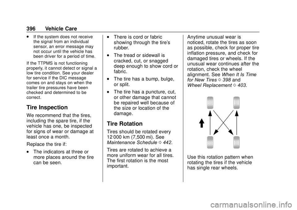 GMC SIERRA 2020 Service Manual GMC Sierra/Sierra Denali Owner Manual (GMNA-Localizing-U.S./Canada/
Mexico-13337776) - 2020 - CRC - 4/10/19
396 Vehicle Care
.If the system does not receive
the signal from an individual
sensor, an er GMC SIERRA 2020 Service Manual GMC Sierra/Sierra Denali Owner Manual (GMNA-Localizing-U.S./Canada/
Mexico-13337776) - 2020 - CRC - 4/10/19
396 Vehicle Care
.If the system does not receive
the signal from an individual
sensor, an er